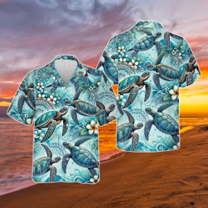 Blue Tribal Sea Turtle Hawaiian Shirt, Aloha Tropical Summer Beach Button Up Shirt, Beach Life Shirt, Ocean Animal Turtle Lover Gift