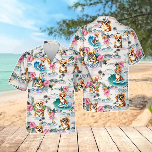 Corgi Hawaiian Shirt, Corgi Beach Shirt, Tropical Hawaiian Button Down Shirt, Summer Beach Hawaiian Shirt