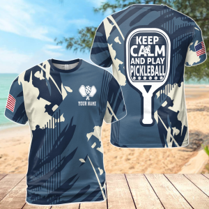 Custom Name America Camo Blue Keep Calm And Play Pickleball Men's T-Shirt