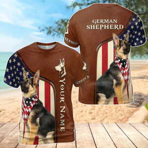 Personalized Name German Shepherd With USA Flag Leather Pattern Men's T-shirt