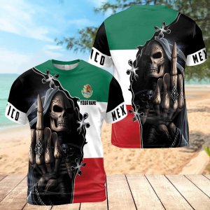 Personalized Name Mexico Skull Reaper Mexico Flag Men's T-shirt