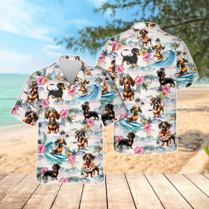 Dachshund Hawaiian Shirt, Dachshund Beach Shirt, Tropical Hawaiian Button Down Shirt, Dog Lovers Gift