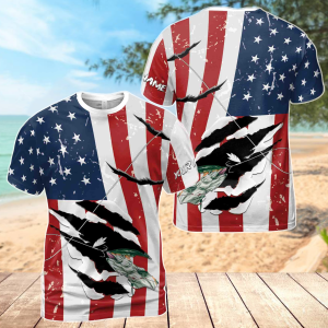 Personalized Fishing Fish Hook Grunge American Flag Patriotic 3D T-Shirt