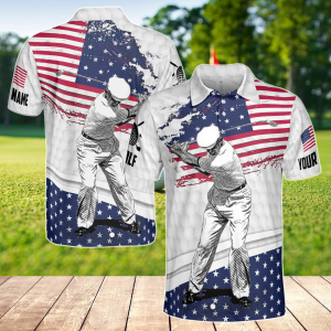 Personalized Funny American Golfer, Retro American Flag USA Team Golfing Men's Polo Shirt