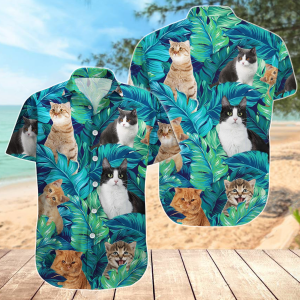 Funny Cat Button Hawaiian, Tropical Hawaiian Shirt For Men Women, Summer Outfit, Cute Pet Shirt