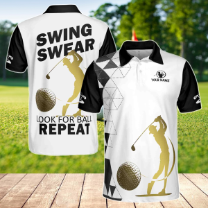 Personalized Man Play Golf Golden Pattern Men's Polo Shirt