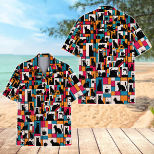 Retro Cat Hawaiian Shirt Men Women, Colorful Coffee and Cat Print Shirt