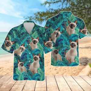 Siamese Cat Hawaiian Shirt, Blue Eyes Cat Jungle Shirt for Cat Lovers Summer Wear, Blue Eye Cat Hawaiian Shirt