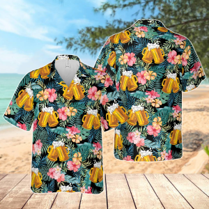 Tropical Beer Hawaiian Shirt, Aloha Palm Tree Flowers Beach Party Button Up Shirt, Summer Drinking Shirt