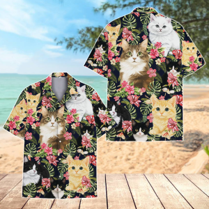 Tropical Cat & Hibiscus Hawaiian Shirt Men Women, Black Cat Shirt Button-Up, Summer Beach Shirt