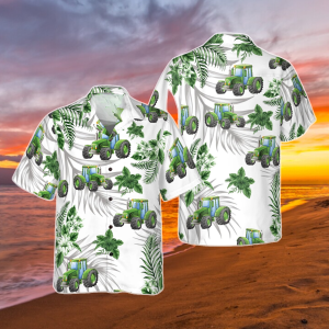 Tropical Green Tractor Hawaiian Shirt, Vintage Agriculture Tools Short Sleeve Shirt, Summer Beach Tee