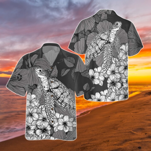Vintage Turtle Hibiscus Floral Hawaiian Shirt, Summer Vacation Tee, Tropical Flower Gift, Beach Animal Button Shirt