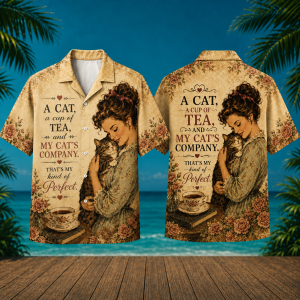 A Cat A Cup Of Tea Hawaiian Shirt – Vintage Cat Lover Tea Time Aloha Shirt