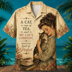 Alternative view of A Cat A Cup Of Tea Hawaiian Shirt – Vintage Cat Lover Tea Time Aloha Shirt