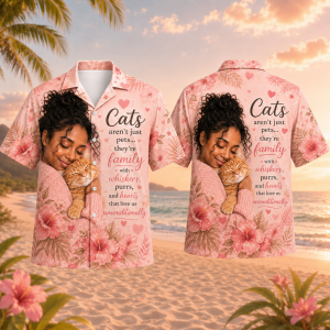 Cats Are Family Hawaiian Shirt – Cat Lover Pink Floral Tropical Aloha Shirt