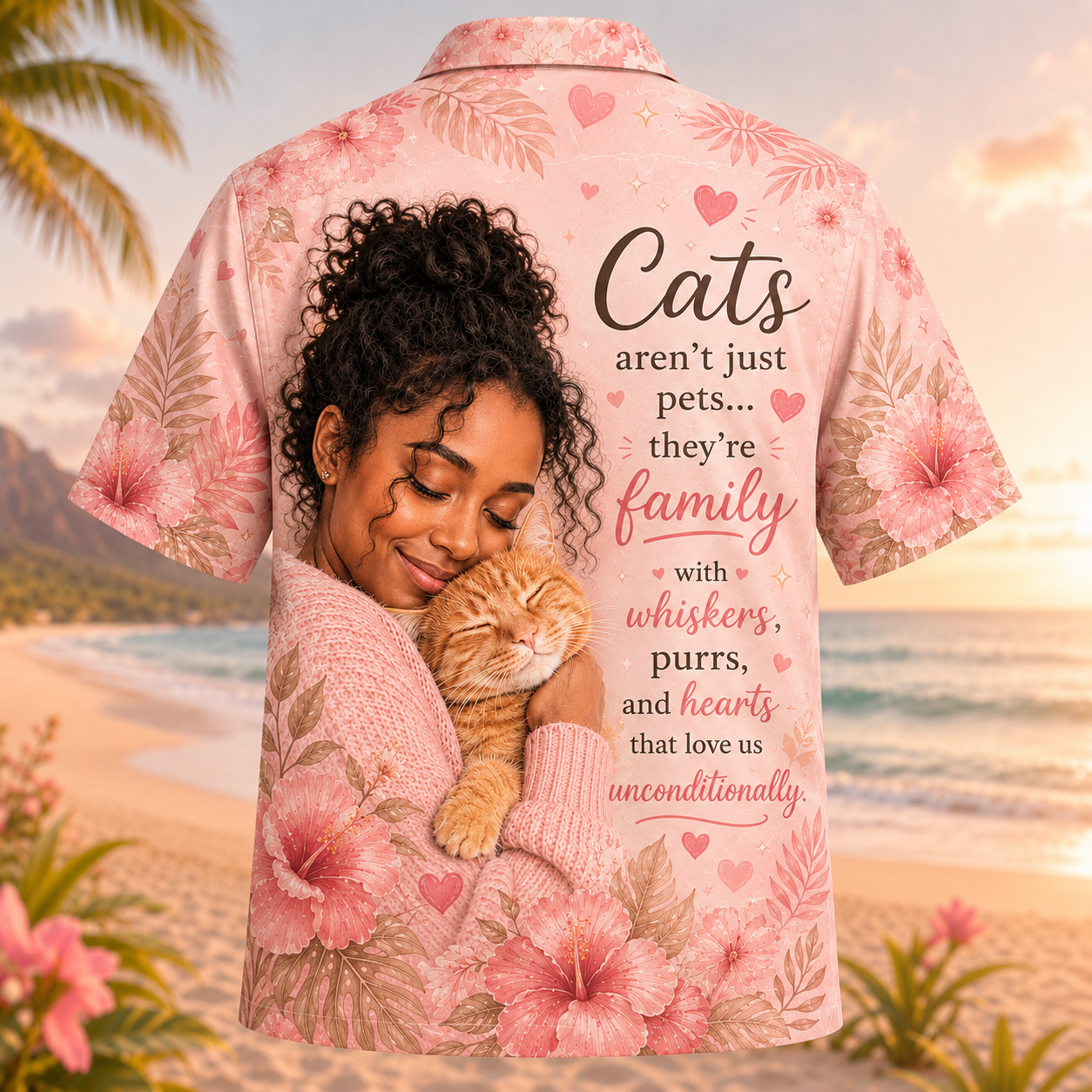 Cats Are Family Hawaiian Shirt – Cat Lover Pink Floral Tropical Aloha Shirt - Image 3