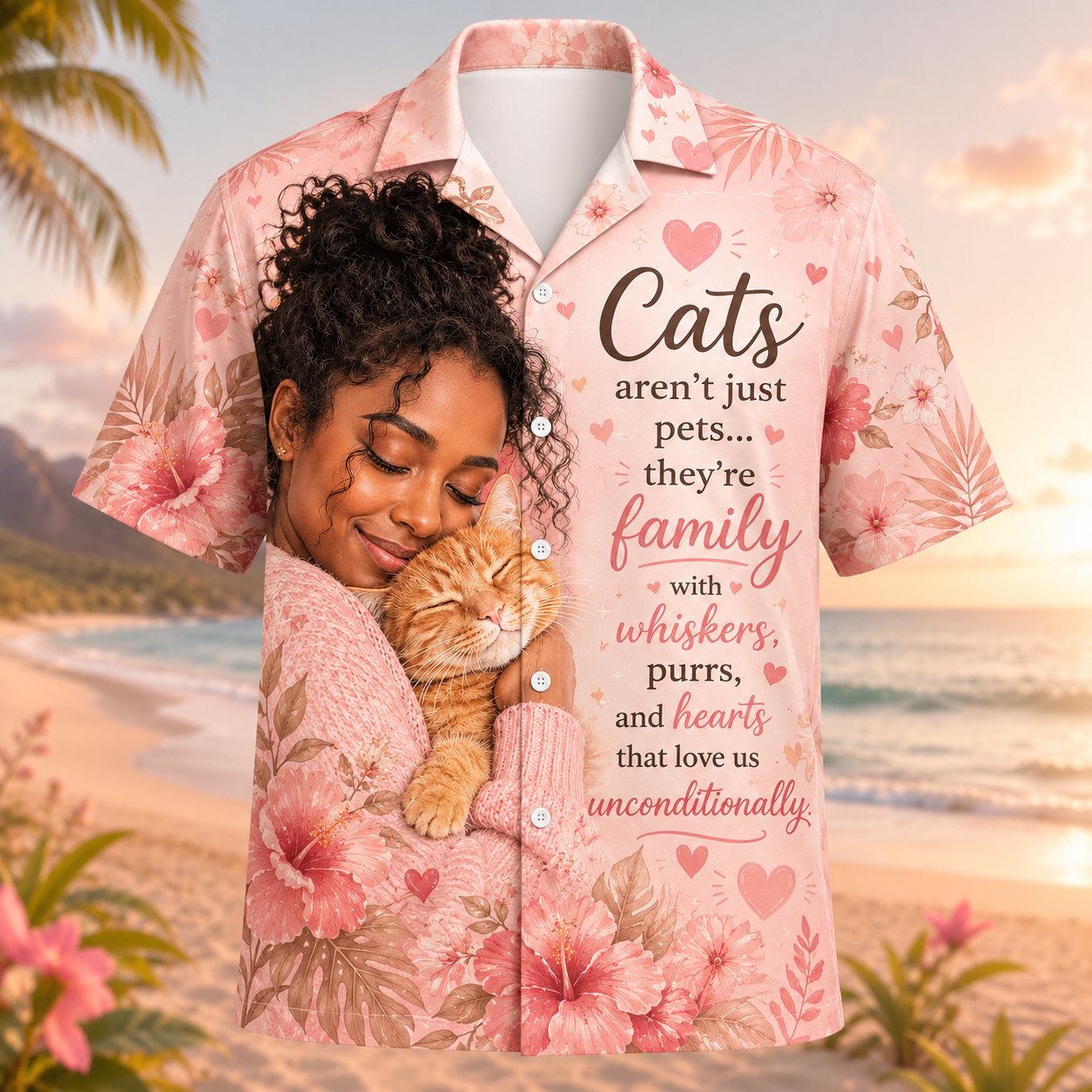 Cats Are Family Hawaiian Shirt – Cat Lover Pink Floral Tropical Aloha Shirt - Image 2