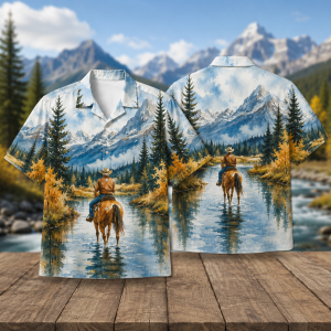 Cowboy Riding Horse Hawaiian Shirt for Men & Women, Mountain River Western Aloha Shirt