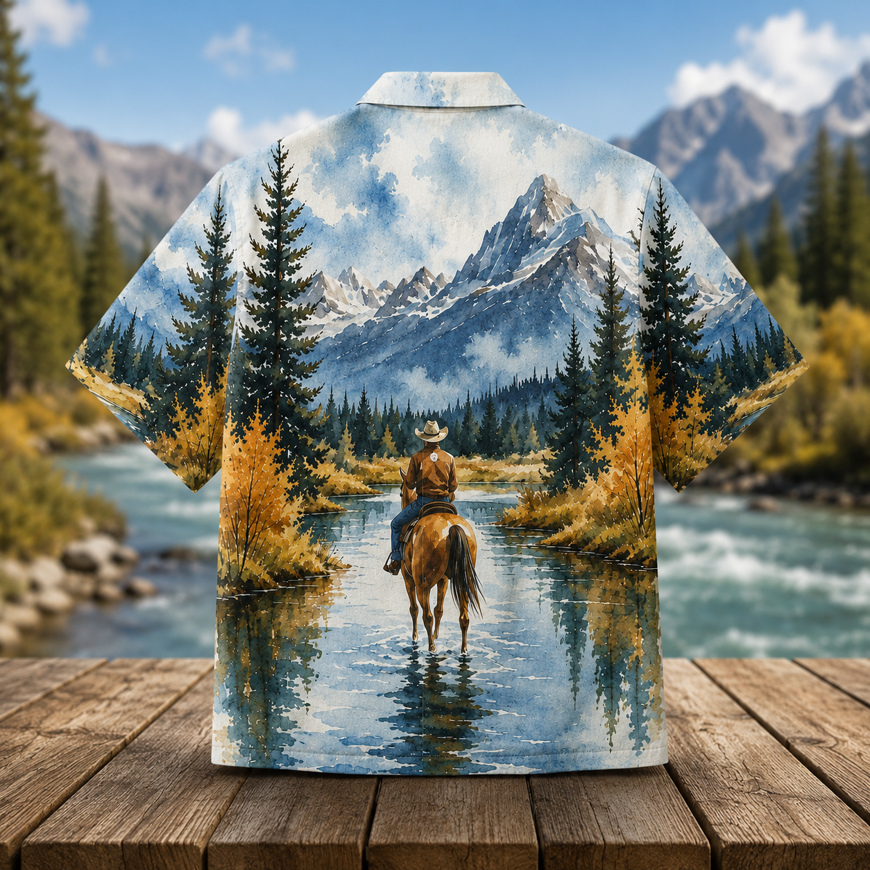 Cowboy Riding Horse Hawaiian Shirt for Men & Women, Mountain River Western Aloha Shirt - Image 3