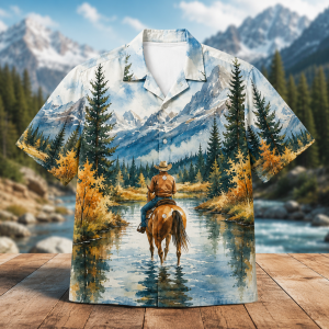 Alternative view of Cowboy Riding Horse Hawaiian Shirt for Men & Women, Mountain River Western Aloha Shirt