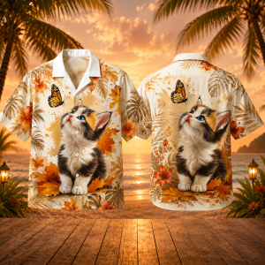 Cute Kitten Butterfly Hawaiian Shirt – Fall Leaves Cat Lover Tropical Aloha Shirt