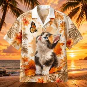 Alternative view of Cute Kitten Butterfly Hawaiian Shirt – Fall Leaves Cat Lover Tropical Aloha Shirt