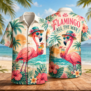 Flamingo All The Way Hawaiian Shirt for Men & Women, Tropical Cocktail Aloha Shirt
