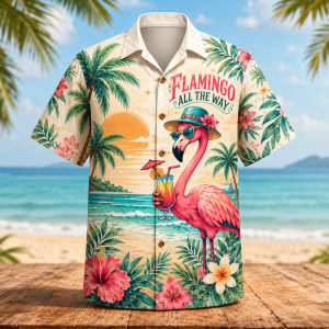 Alternative view of Flamingo All The Way Hawaiian Shirt for Men & Women, Tropical Cocktail Aloha Shirt