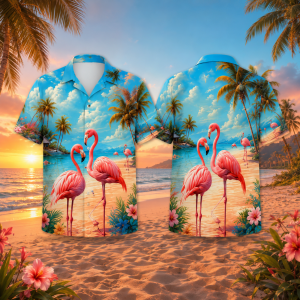 Flamingo Beach Hawaiian Shirt for Men & Women, Tropical Sunset Aloha Shirt
