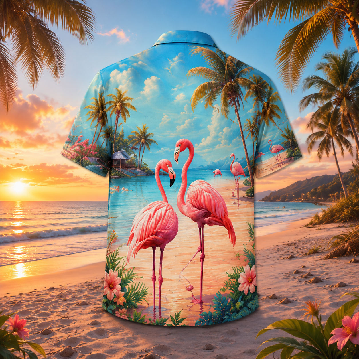 Flamingo Beach Hawaiian Shirt for Men & Women, Tropical Sunset Aloha Shirt - Image 3