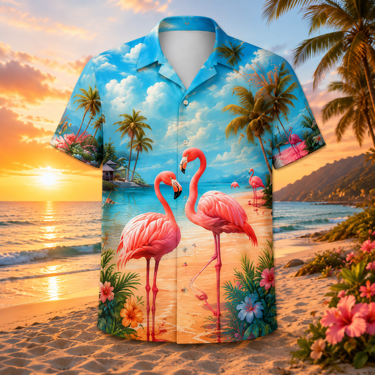 Flamingo Beach Hawaiian Shirt for Men & Women, Tropical Sunset Aloha Shirt - Image 2