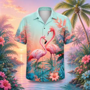 Alternative view of Flamingo Paradise Hawaiian Shirt for Men & Women, Tropical Floral Aloha Shirt