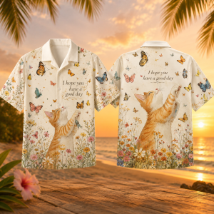 Have A Good Day Cat Hawaiian Shirt – Butterfly Floral Cat Lover Tropical Shirt