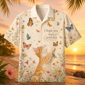 Alternative view of Have A Good Day Cat Hawaiian Shirt – Butterfly Floral Cat Lover Tropical Shirt