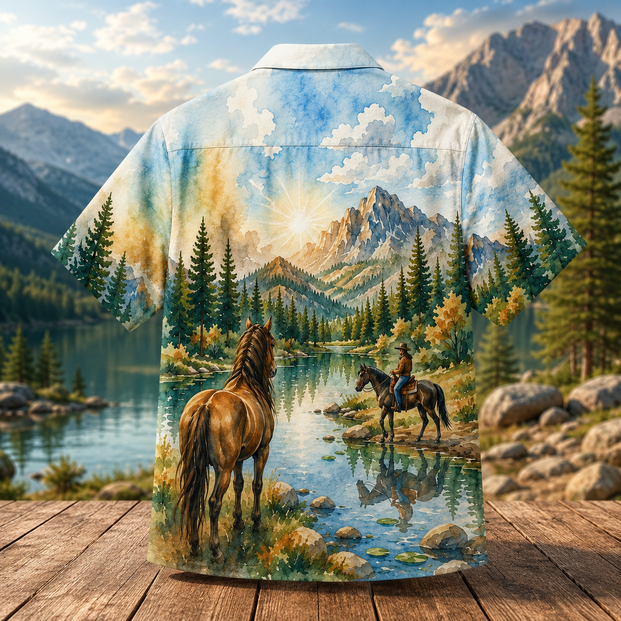 Horse Mountain Lake Hawaiian Shirt for Men & Women, Western Horse Scenic Aloha Shirt - Image 3
