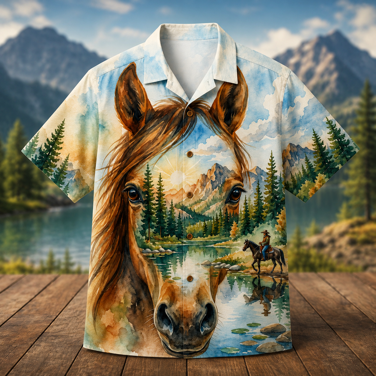 Horse Mountain Lake Hawaiian Shirt for Men & Women, Western Horse Scenic Aloha Shirt - Image 2
