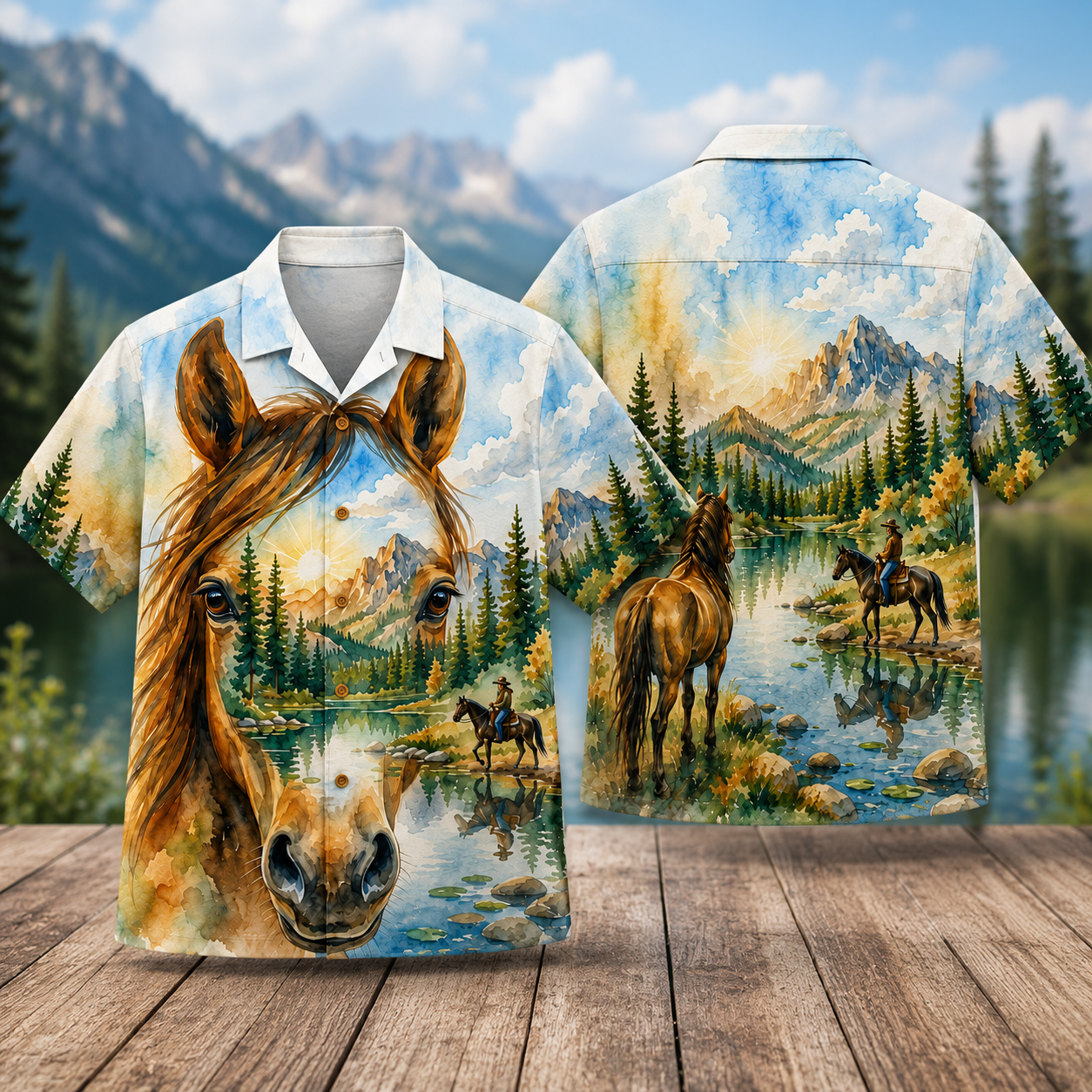 Horse Mountain Lake Hawaiian Shirt for Men & Women, Western Horse Scenic Aloha Shirt
