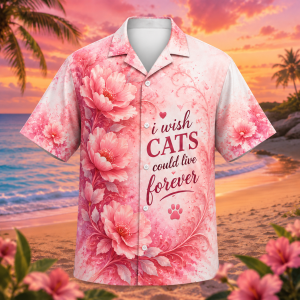 Alternative view of I Wish Cats Could Live Forever Hawaiian Shirt – Pink Floral Cat Lover Aloha Shirt