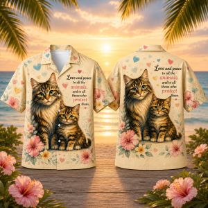 Love And Peace Animals Hawaiian Shirt – Cat Lover Floral Tropical Aloha Shirt