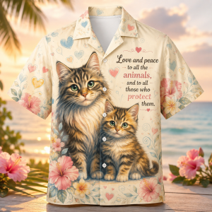 Alternative view of Love And Peace Animals Hawaiian Shirt – Cat Lover Floral Tropical Aloha Shirt