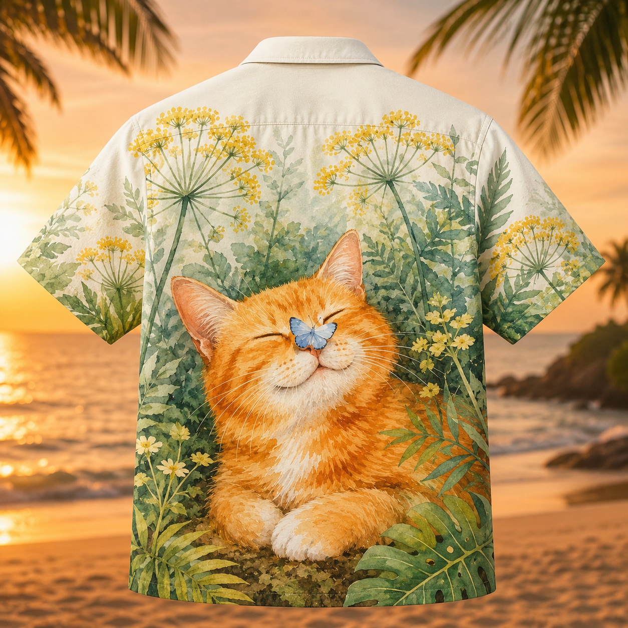 Orange Cat Butterfly Hawaiian Shirt – Watercolor Garden Cat Lover Aloha Shirt - Image 3