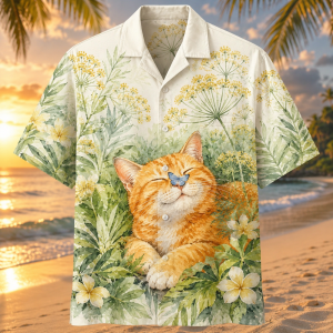 Alternative view of Orange Cat Butterfly Hawaiian Shirt – Watercolor Garden Cat Lover Aloha Shirt