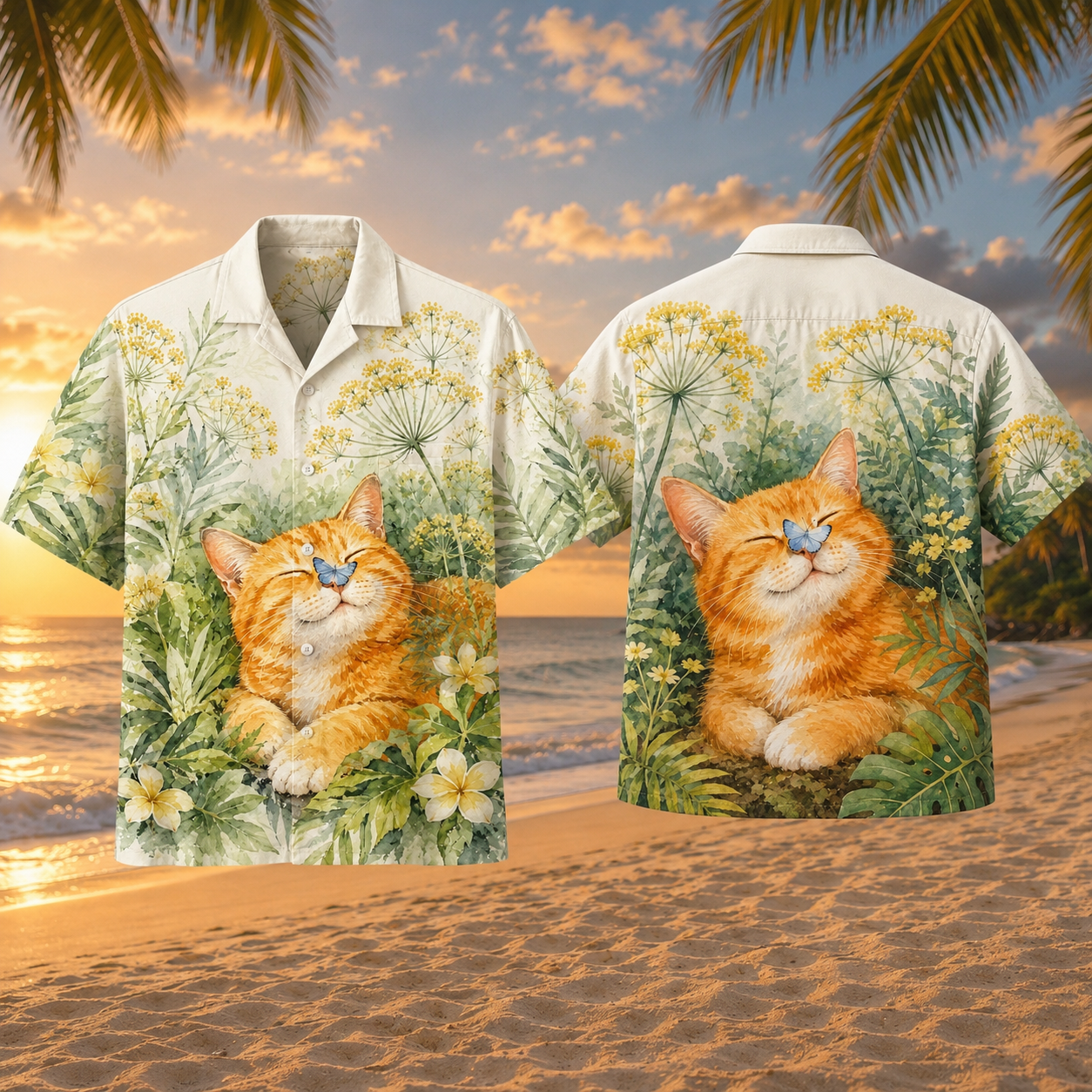 Orange Cat Butterfly Hawaiian Shirt – Watercolor Garden Cat Lover Aloha Shirt