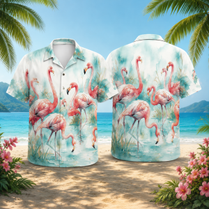 Pink Flamingo Watercolor Hawaiian Shirt for Men & Women, Tropical Bird Aloha Shirt