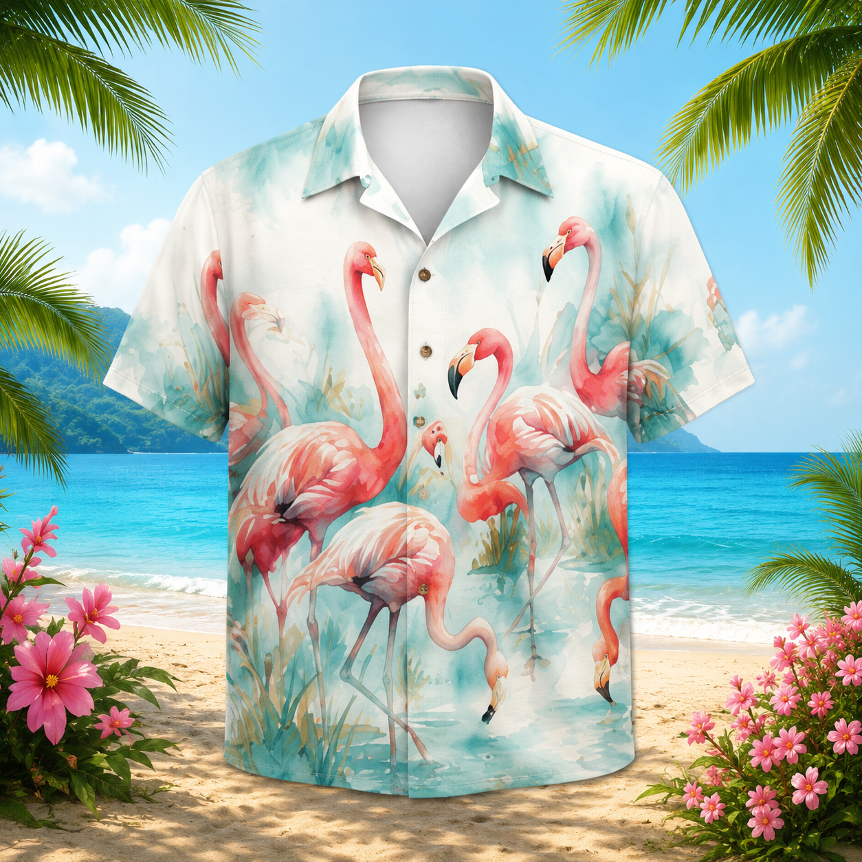 Pink Flamingo Watercolor Hawaiian Shirt for Men & Women, Tropical Bird Aloha Shirt - Image 2