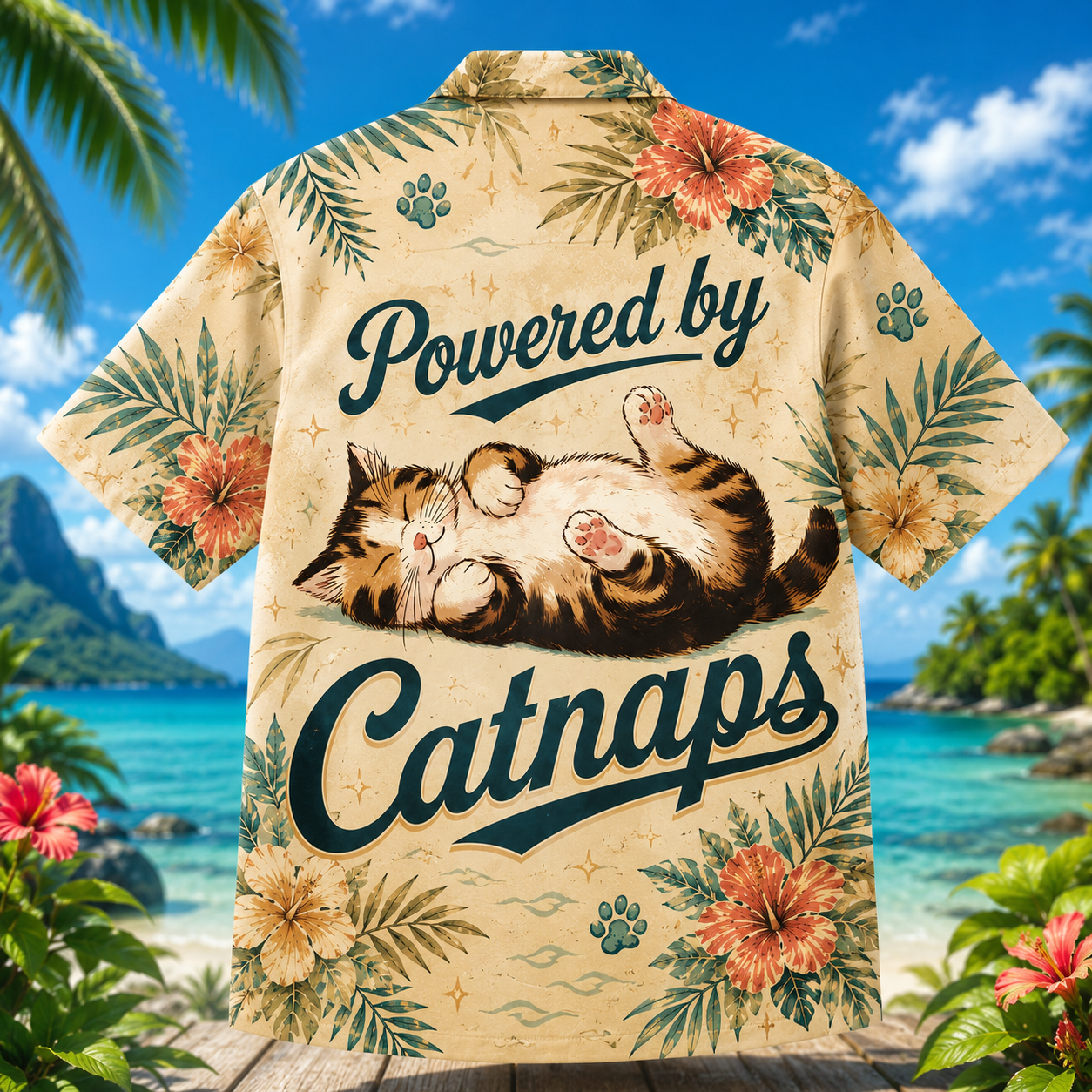 Powered By Catnaps Hawaiian Shirt – Cute Sleeping Cat Tropical Aloha Shirt - Image 3