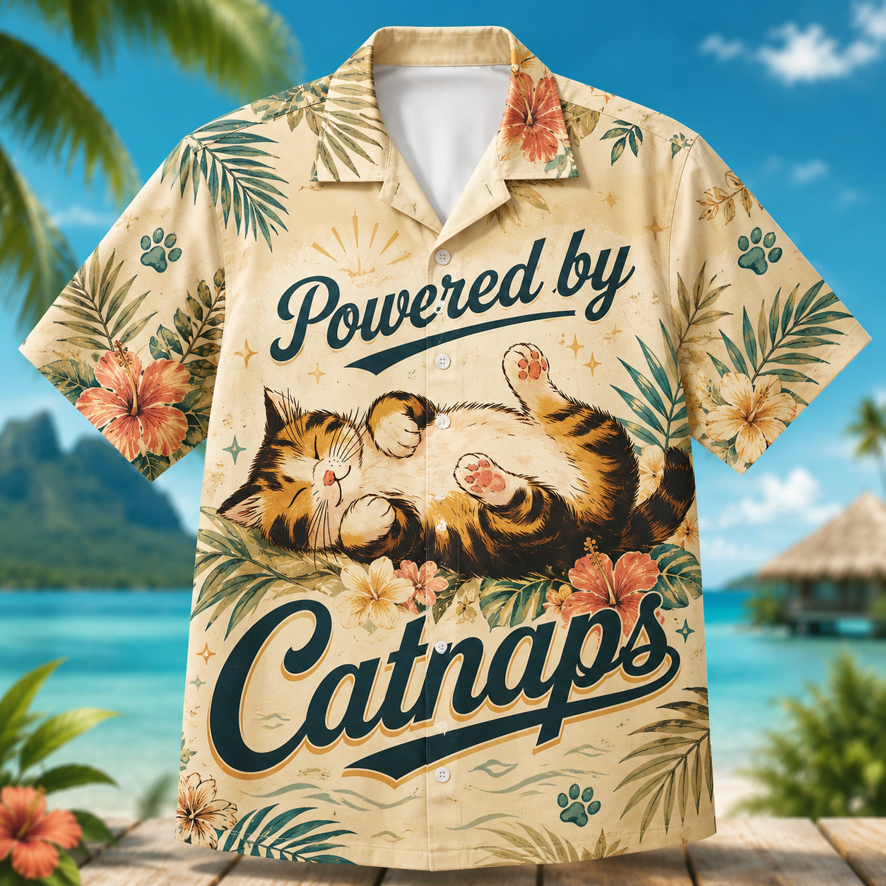 Powered By Catnaps Hawaiian Shirt – Cute Sleeping Cat Tropical Aloha Shirt - Image 2