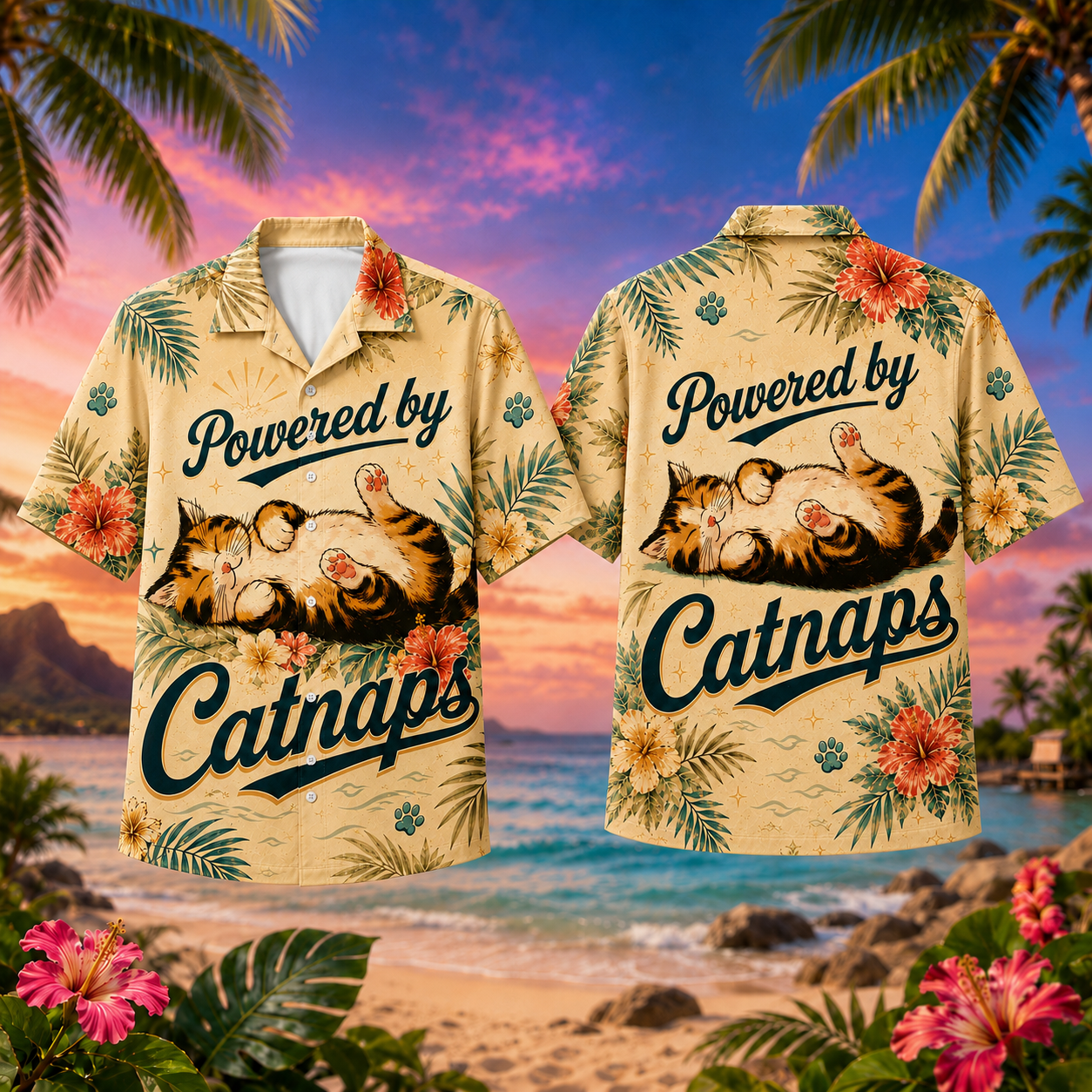 Powered By Catnaps Hawaiian Shirt – Cute Sleeping Cat Tropical Aloha Shirt