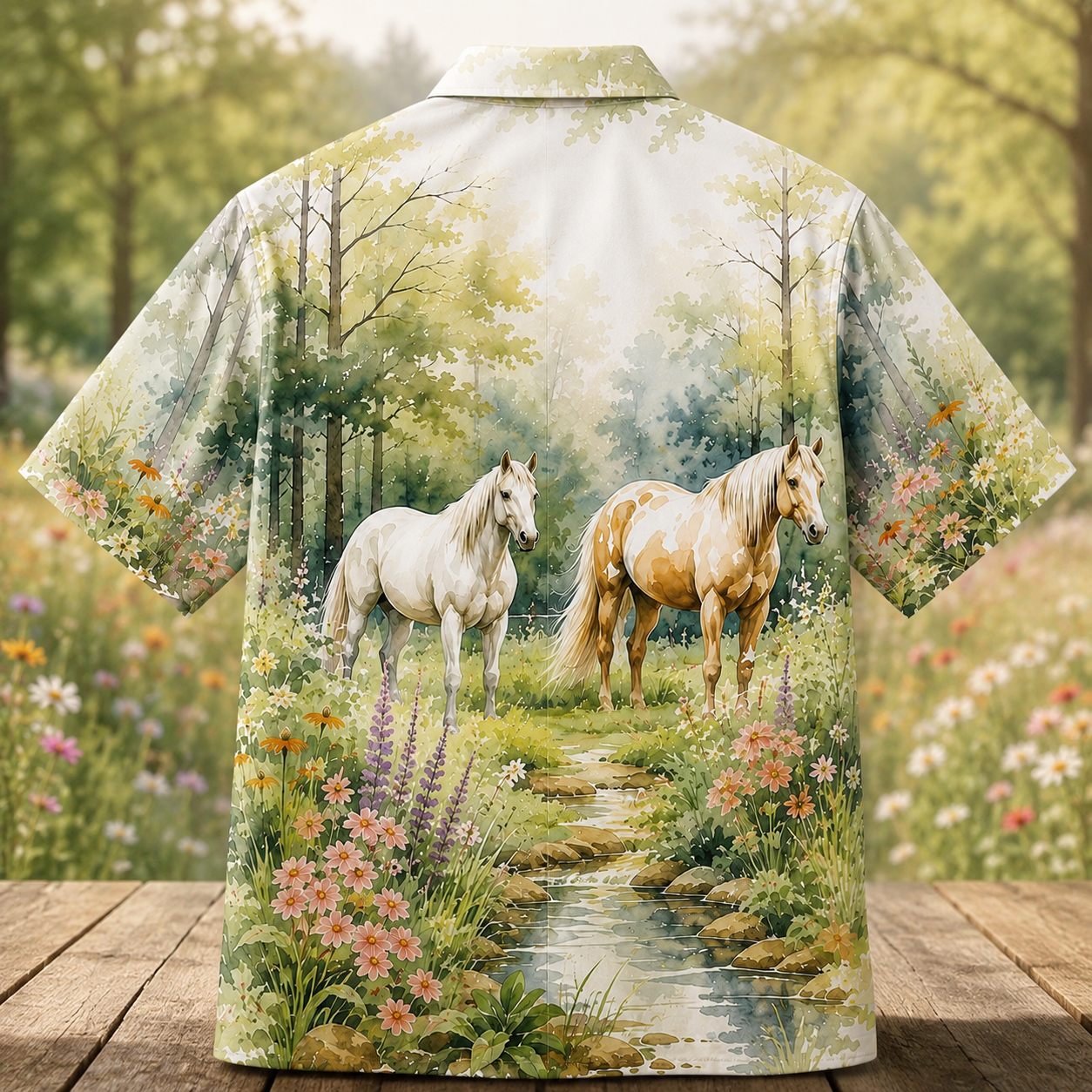 Two Horses Meadow Hawaiian Shirt for Men & Women, Floral Forest Horse Aloha Shirt - Image 3