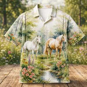 Alternative view of Two Horses Meadow Hawaiian Shirt for Men & Women, Floral Forest Horse Aloha Shirt